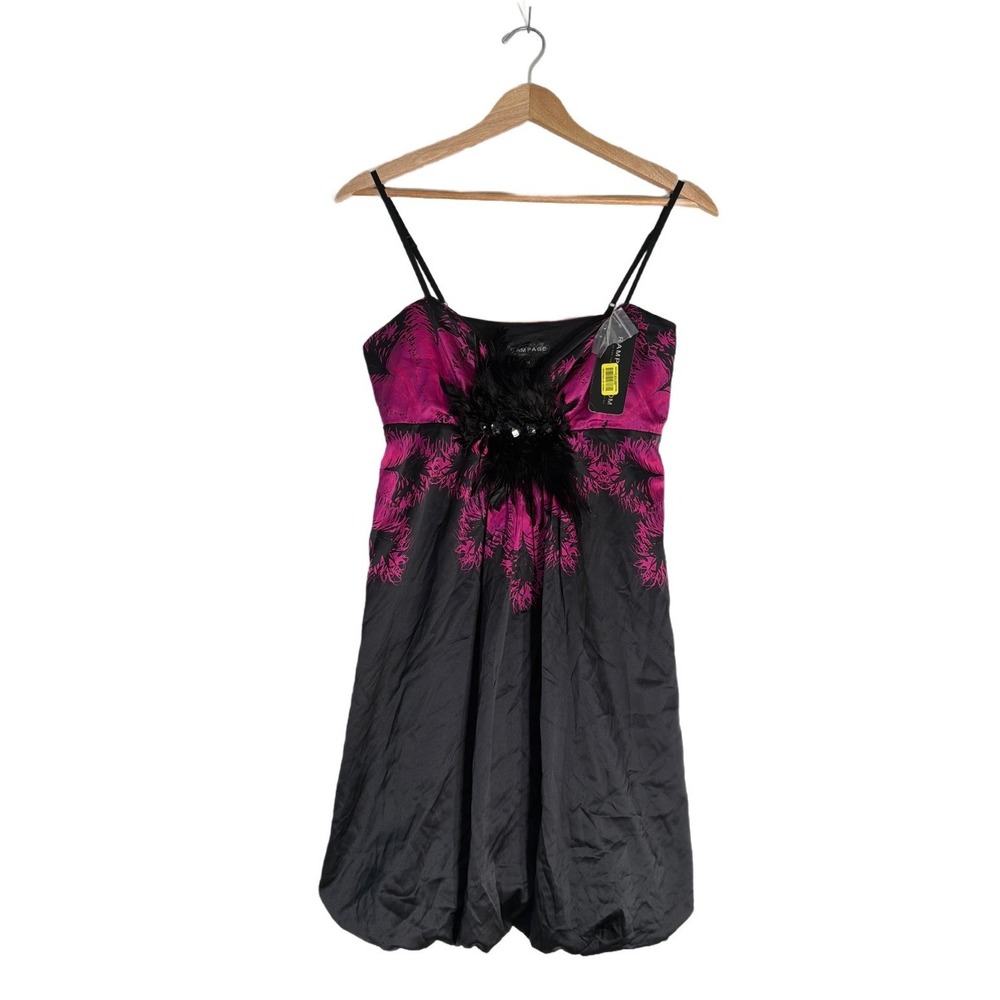 VTG Rampage‎ Mini Dress Black Pink Floral Feather Bodice Y2K - Junior Sz M-  NWT